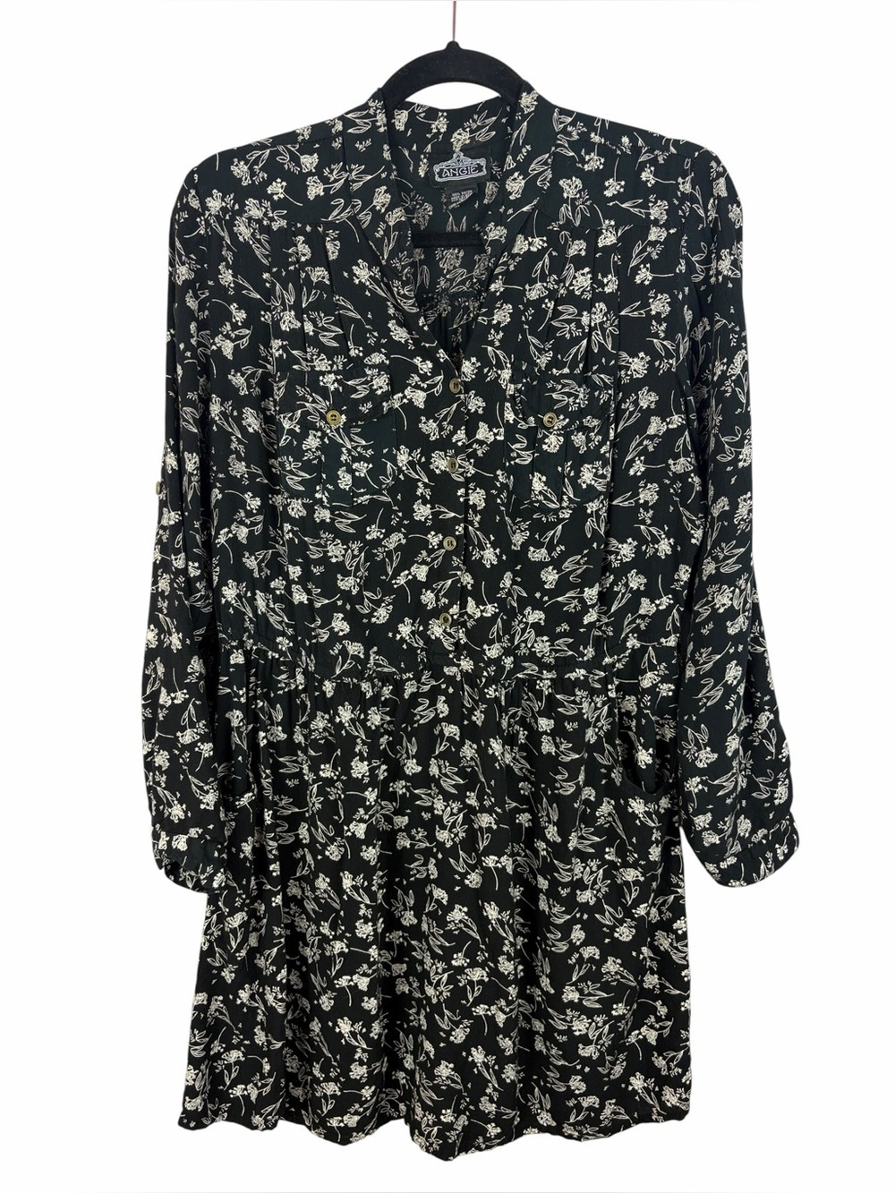 Angie Boho Floral Dress Black White Flowy Tiered Rayon Size Large Pockets